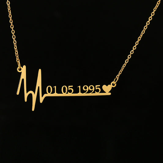 45cm  Custom Name Heartbeat Date Necklace Stainless Steel Jewelry Birthday Gift for Wife Lucky Numbers Pendant Necklace Women Chokers