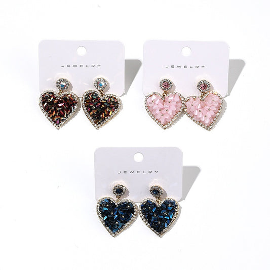 Copper inlaid zircon inlaid triangular crystal three-dimensional heart earrings for women