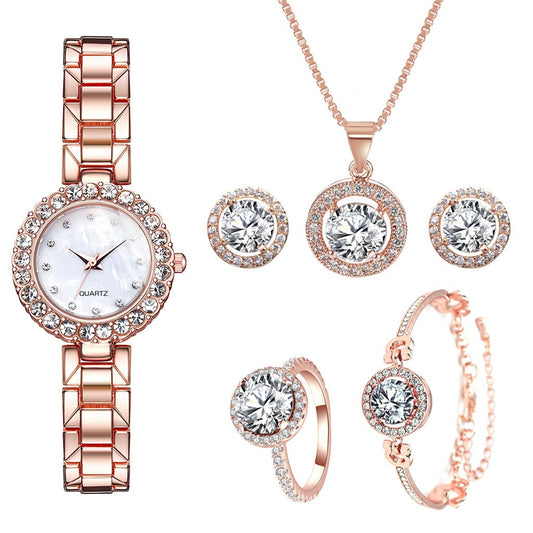 Popular New Full Diamond Octagonal Arrow Necklace Bracelet Exquisite Watch 5-Piece Gift Box Set Table